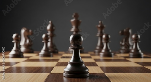 Brown chess pieces on a chessboard with a pawn in the foreground on a dark background