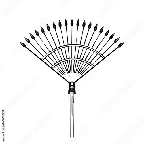 Detailed line art illustration of a metal fan rake with gardening agriculture equipment maintenance seasonal landscaping illustration isolated instrument implement clearing