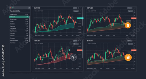 Financial trading dashboard showing multiple stock market charts and technical analysis indicators.