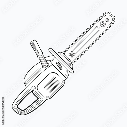 Black and white hand drawn sketch of a portable electric chainsaw with chainsaw electric construction woodwork maintenance equipment industry illustration handdrawn monochrome isolated
