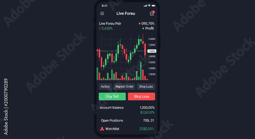 Mobile app interface showing live financial market data and trading options.