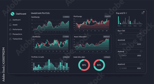 Dark themed digital dashboard displaying various business analytics and performance charts.