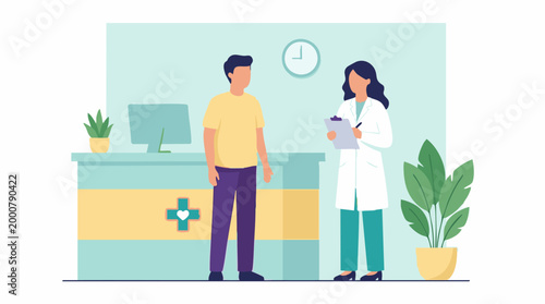 Patient consultation with a female doctor at a hospital reception desk