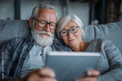 Golden Years Embrace: An elderly couple, their faces etched with the tales of time, share a tender moment as they engross themselves in a digital tablet, illuminated by a soft, intimate glow.