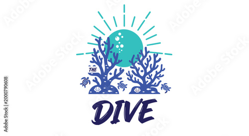 Scuba diving logo, ocean dive icon, underwater sea coral emblem, blue sunburst