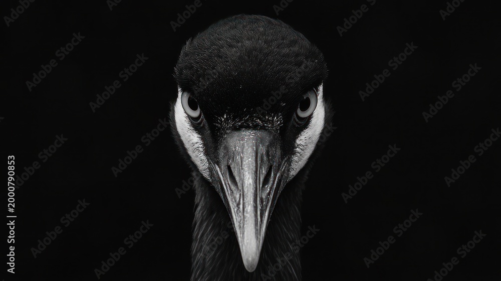 Fototapeta premium Close-up black and white crane portrait against black background