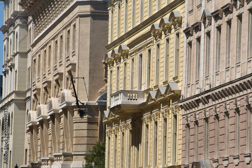 The buildings in Budapest are in the eclectic style of the 19th century, featuring Neo-Renaissance, Neo-Baroque, Neo-Gothic and Classicist elements typical of the Austro-Hungarian era.