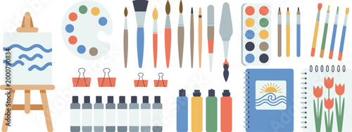 Art painting supplies vector set with brushes, palette, easel, paints, pencils, and sketchbook, cartoon illustration for creative, education, and artistic design projects.
