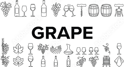 Grape and wine production concept with vineyard elements bottles glasses barrels and harvesting icons for winery industry design