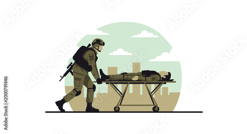 Soldier pushing a stretcher with an injured person.