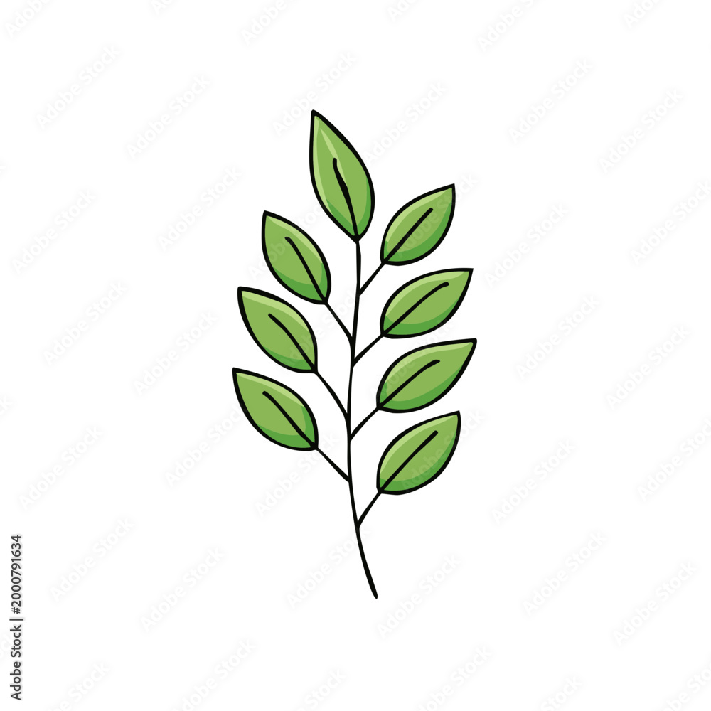 Obraz premium Simple illustration of a green branch with multiple leaves in a doodle style