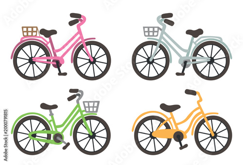 Set of bicycles. Brightly colored bicycles in vintage style, two-wheeled vehicles for traveling and walking, vector drawing on a white background.