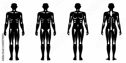 Four stylized black silhouettes of human figures front view