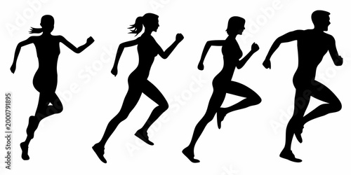 Silhouettes of four people running depicting athletic movement and speed