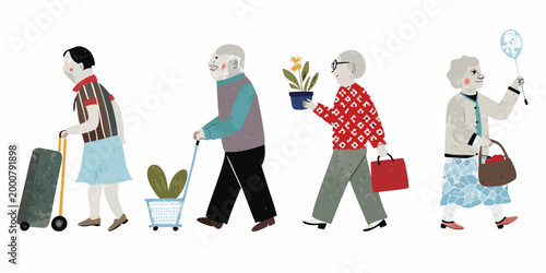 A diverse group of seniors walking with belongings and potted plants
