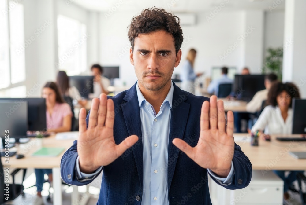 Fototapeta premium Serious businessman making a stop gesture with open hands in a modern office environment
