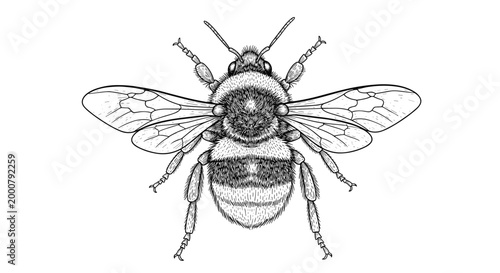 Detailed hand drawn illustration of a bumblebee seen from a top down perspective in black and white on white.