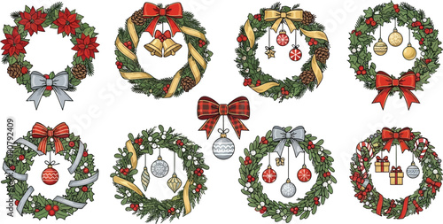 Collection of eight christmas wreaths with various decorations and a plaid bow holiday decoration festive