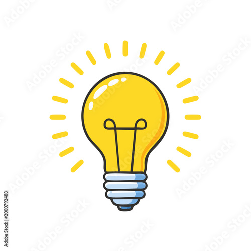 Brightly lit incandescent light bulb with radiating yellow lines symbolizing a new idea or inspiration.