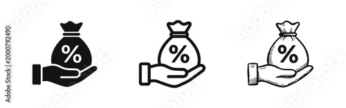 Hand Holding Money Bag with Percent Sign Icon Set for Interest Rates and Loans