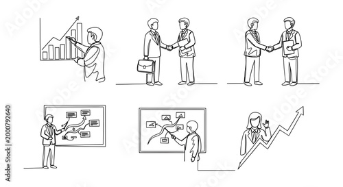 Business professionals engaging in various office interactions and presentations