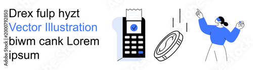 Fintech, digital payment, cashless transactions, online shopping, financial security, e-commerce. Payment terminal with receipt, coin and a person gesturing. Digital payment and fintech theme