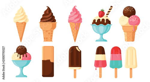 Large set of colorful ice cream varieties including cones, popsicles, and sundaes in different flavors and toppings.