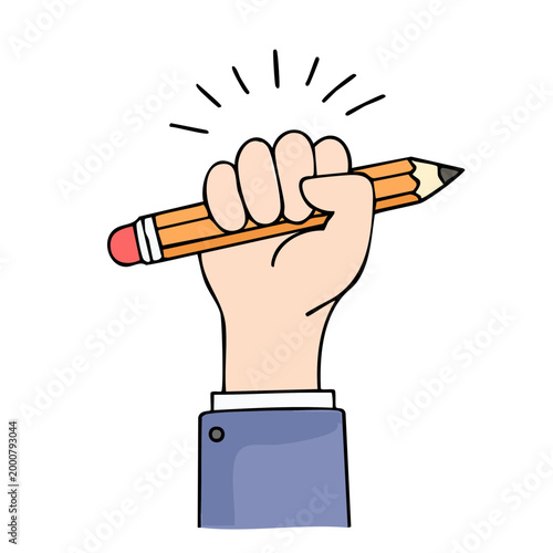 Hand firmly gripping a bright yellow pencil symbolizing inspiration and creativity.