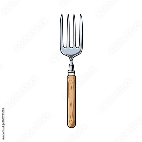 Illustration of a single metal fork with a wooden handle on a white background