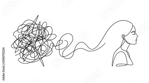 Continuous line drawing of a woman with a tangled mind.