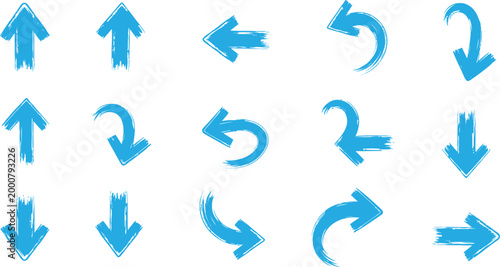 Collection of vibrant blue arrows in various shapes and directions isolated on white