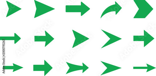 Collection of vibrant green arrow icons representing direction movement and progress