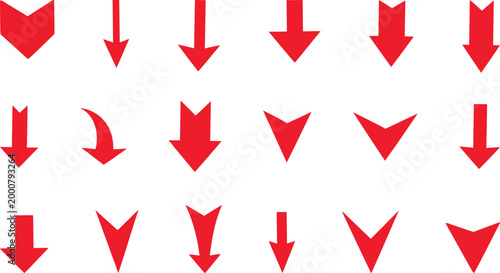 Collection of vibrant red arrows pointing downwards displaying variety in shape and style