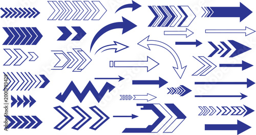 Collection of blue arrows diverse shapes and directions for design and illustration
