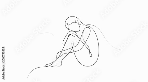 Minimalist continuous line art of a sad woman sitting alone.