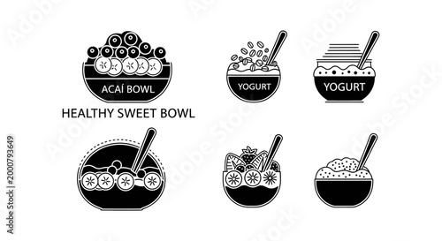 Set of healthy sweet bowls with yogurt and acai, fruit and granola, nutritious food icons