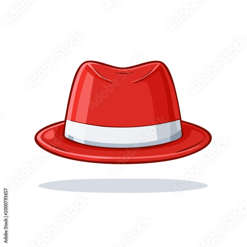 Vibrant red fedora hat with a classic white band, a stylish accessory with a cool shadow.