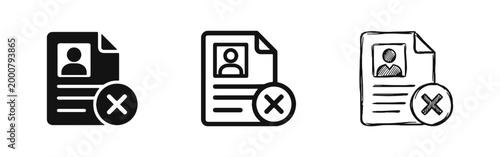 Document with User Profile and Cross Mark Icon Set for Application Rejection and Denial