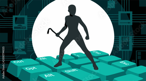 Cyber Hacker with Crowbar on Keyboard Keys - Digital Security Concept