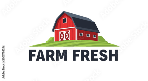 Farm fresh logo featuring a classic red barn on a green hill with clear typography for local agricultural products.