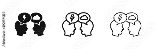 Heads with Speech Bubbles Containing Storm Cloud and Lightning Icon Set for Conflict