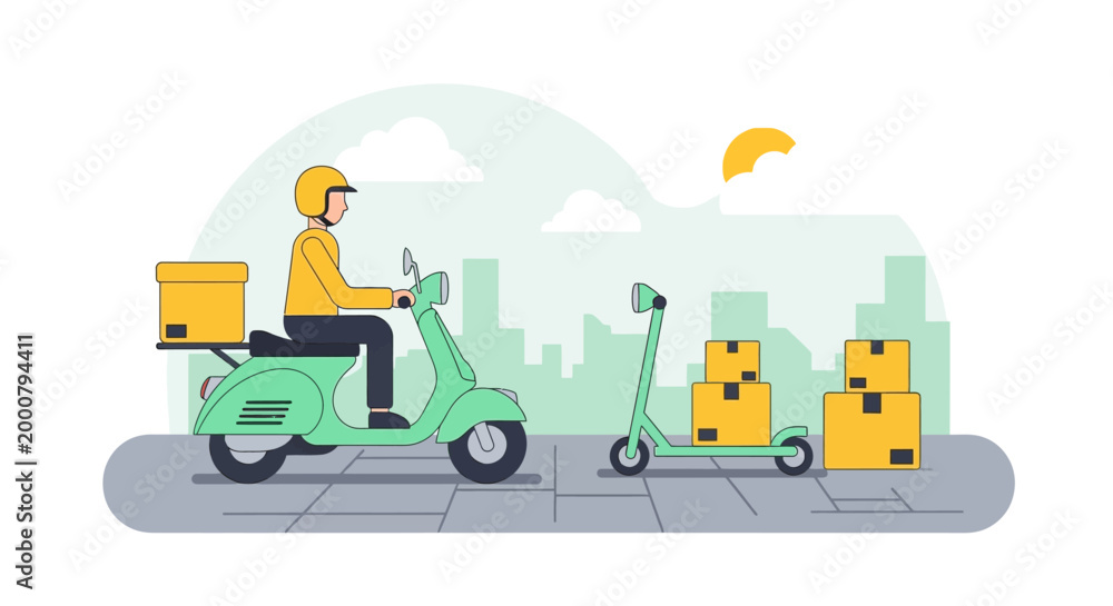 Fototapeta premium Delivery driver on scooter with packages, ready for urban transport.