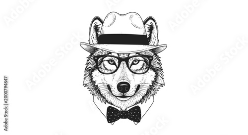 Stylish wolf character wearing a fedora hat, glasses, and a bow tie in a detailed hand drawn sketch style for hipster design.