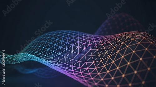 Colorful gradient wave pattern with interconnected lines and nodes on dark background
