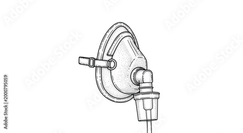Medical oxygen mask for inhalation and respiratory therapy depicted in a detailed hand drawn sketch style for healthcare.