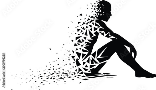 Abstract human silhouette dissolving into particles, fragmentation concept vector illustration modern artistic design black style