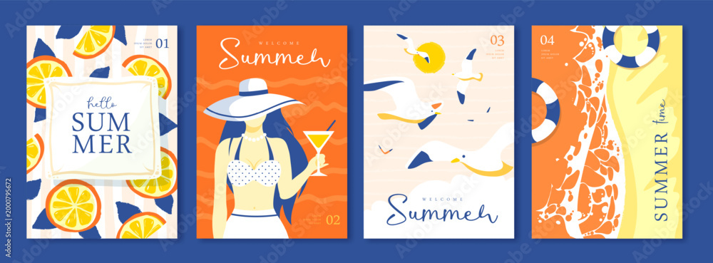 Fototapeta premium Set of summer Italian posters or covers with woman silhouette, cocktail, lemons, beach, seagulls and swim ring on the beach. Vector illustration