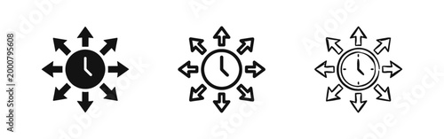 Clock with Expansion Arrows Icons Set for Time Management, Distribution and Scheduling Productivity