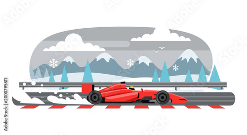 Red Formula 1 Race Car on a Snowy Track.