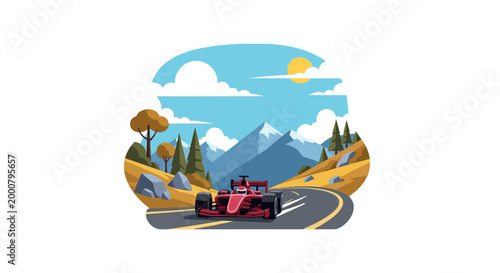 Red Formula 1 race car speeding on a mountain road.